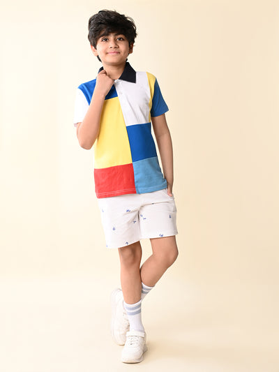 Colorblock Collar T-shirt with Printed Short Set