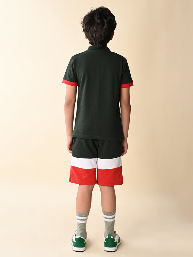 Colorblock Collar T-shirt with Shorts Set