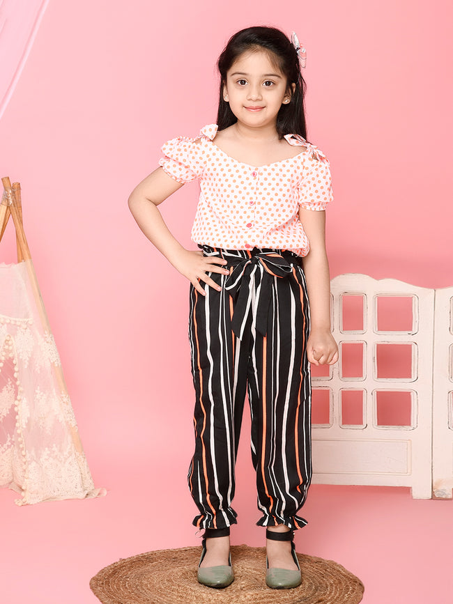 Polka Printed Cold Shoulder Top with Belted Trouser