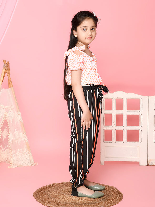 Polka Printed Cold Shoulder Top with Belted Trouser