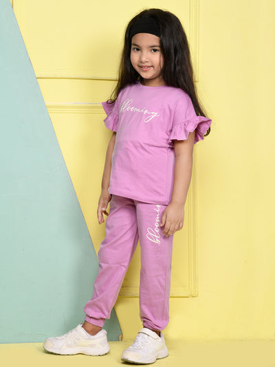 Blooming Print Frill Sleeve Top with Jogger Pant Set