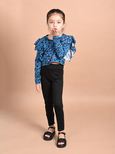 All Over Printed  Ruffle Full Sleeve Top with Legging Set