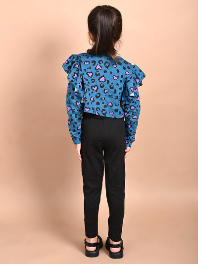 All Over Printed  Ruffle Full Sleeve Top with Legging Set