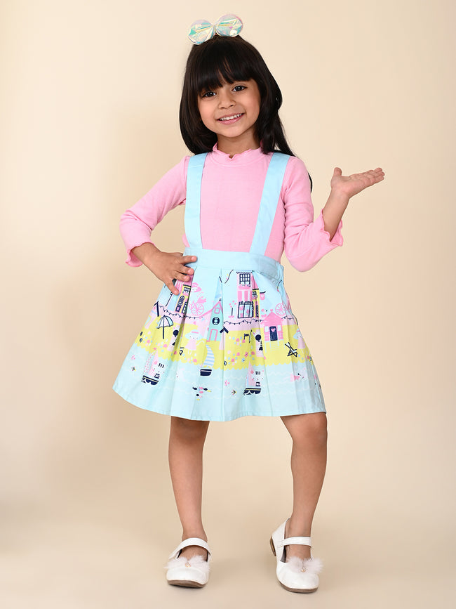Solid Full Sleeves Top With Funky Printed Dungaree Skirt Set