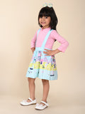 Solid Full Sleeves Top With Funky Printed Dungaree Skirt Set