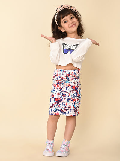 Butterfly Printed Crop Top with Floral Print Skirt Set