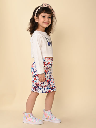 Butterfly Printed Crop Top with Floral Print Skirt Set