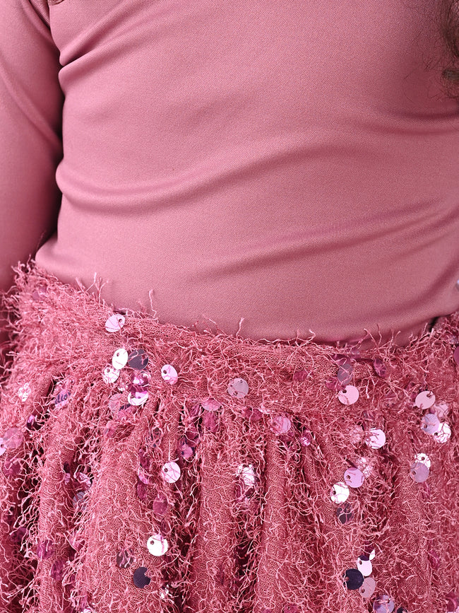 Soild Party Hi-Neck Top With Sequin Skirt Set