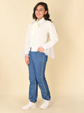 Fashion Sleeves Button Down Top with Beads Embroidered Pant Set