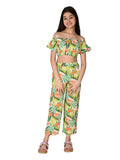 Floral Printed Cold Shoulder Crop Top with Pant Set