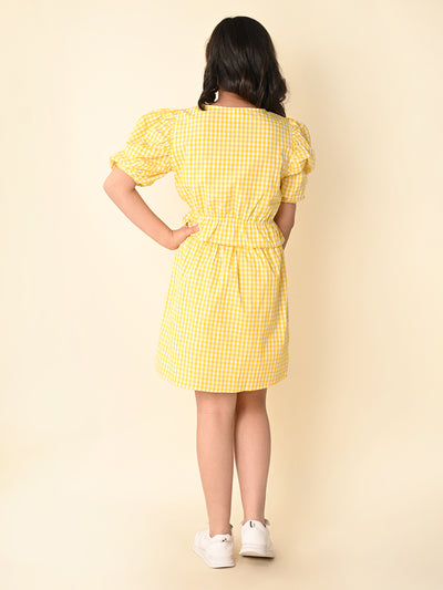 Checkered Balloon Sleeves Top with Wrap Skirt Set