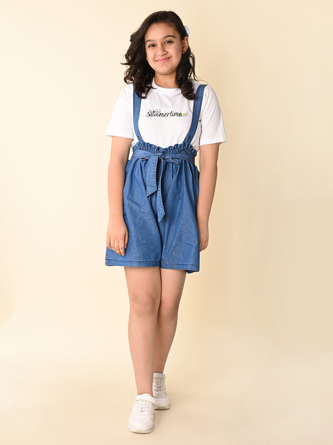 Text Printed Top with Suspender Shorts Set
