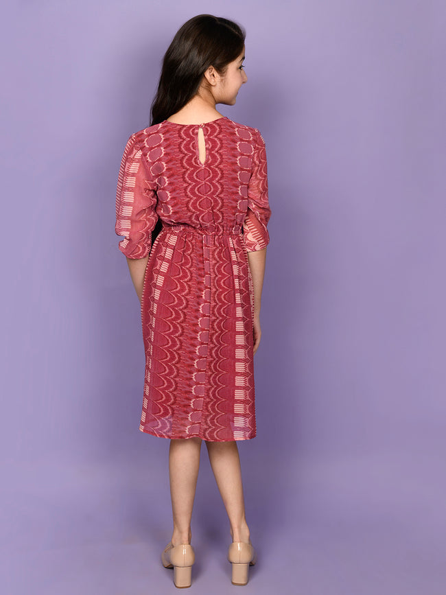 All Over Aztec Printed Long Sleeve Fit n Flare Dress