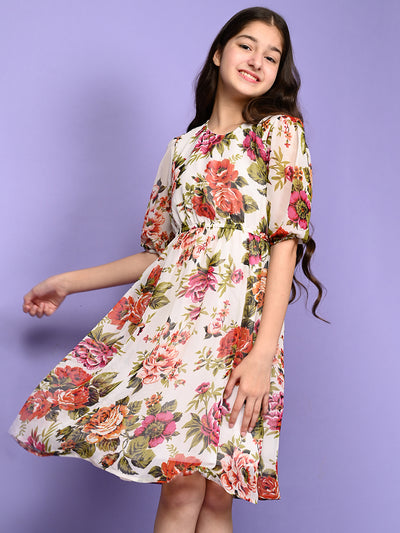 All Over Floral Printed Long Sleeve Fit n Flare Dress