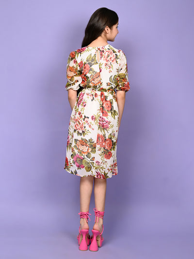 All Over Floral Printed Long Sleeve Fit n Flare Dress