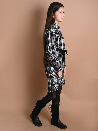 Checkered Print Button Down Shirt Collar Dress