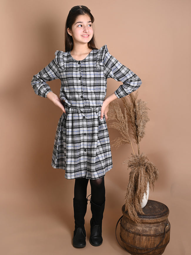 Checkered Print Button Down Long Sleeve Fit n Flare Dress