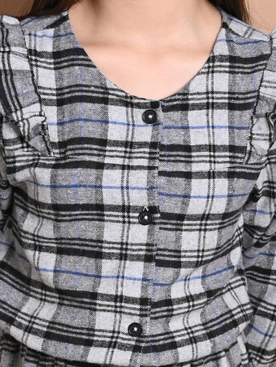 Checkered Print Button Down Long Sleeve Fit n Flare Dress