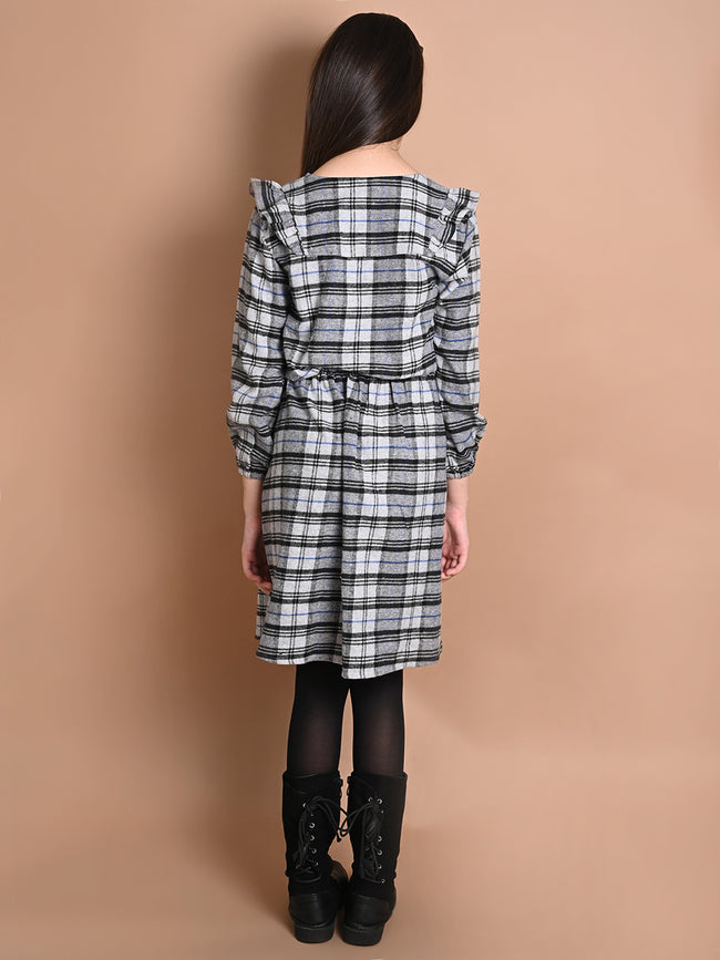 Checkered Print Button Down Long Sleeve Fit n Flare Dress