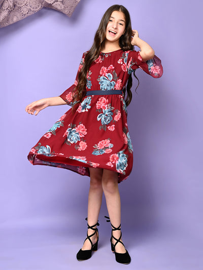 Floral Printed Belted Fit n Flare Dress