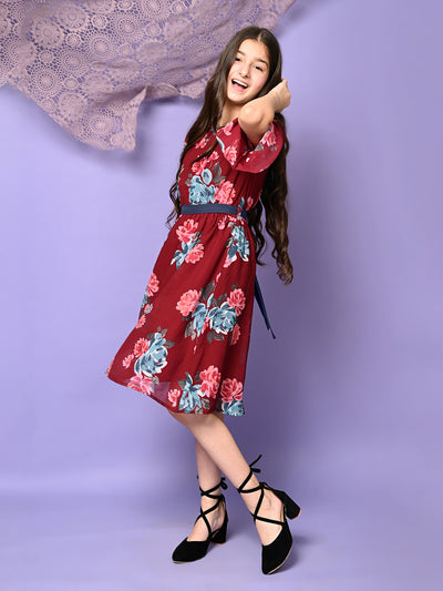 Floral Printed Belted Fit n Flare Dress