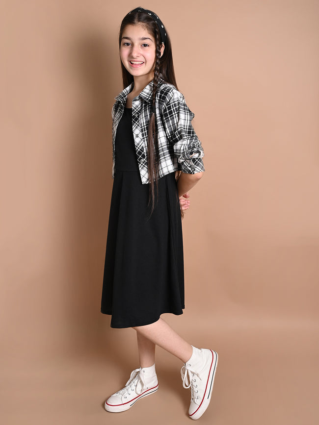 Solid Fit n Flare Dress with Checkered Shirt Jacket