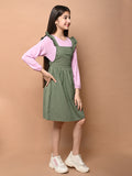 Plain Dungaree Style Dress with Printed Full Sleeve T-shirt
