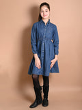 Solid Denim Button Down Fit n Flare Shirt Dress