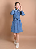 Solid Denim Long Sleeve Button Down Belted Shirt Dress