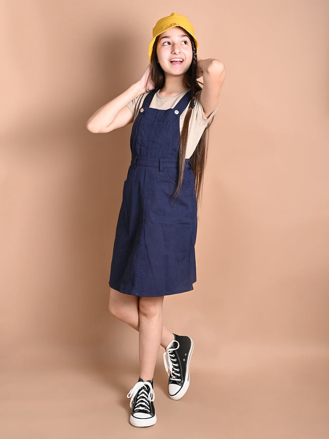 Solid Plain Dungaree Dress with Beige T-shirt