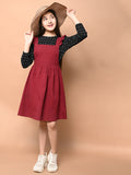 Plain Dungaree Style Dress with Printed Full Sleeve T-shirt