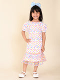 Colored Polka Printed Dropwaist Puff Sleeves Dress