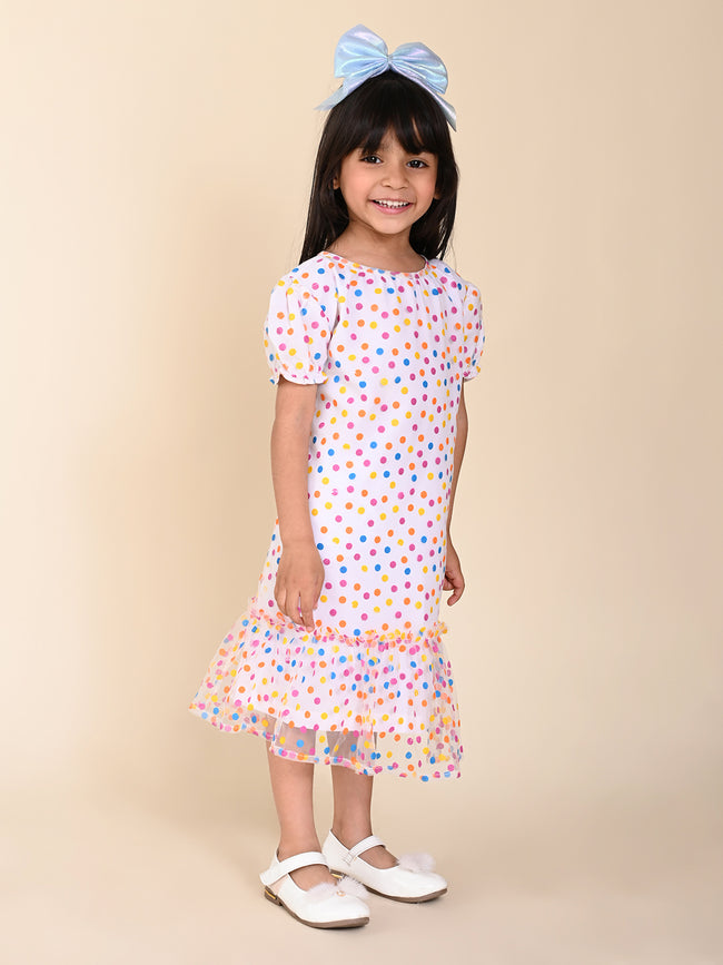 Colored Polka Printed Dropwaist Puff Sleeves Dress