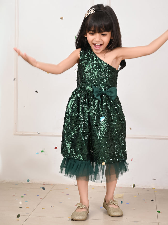 Sequin One Shoulder Fit n Flare Bow Party Dress