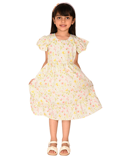 Floral Printed Frill Sleeves Fit n Flare Dress