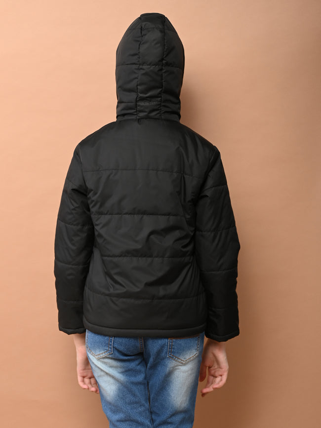Solid Plain Puffer Front Zip Open Hooded Jacket
