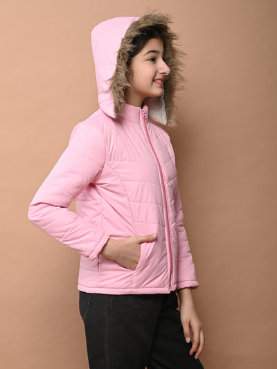 Solid Plain Puffer Front Zip Open Fur Hooded Jacket