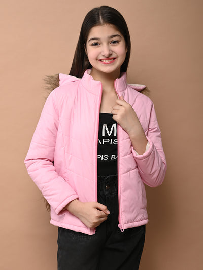 Solid Plain Puffer Front Zip Open Fur Hooded Jacket