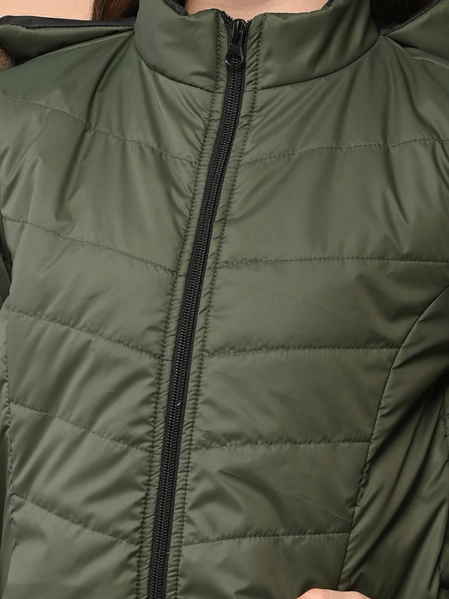 Solid Plain Puffer Front Zip Open Fur Hooded Jacket