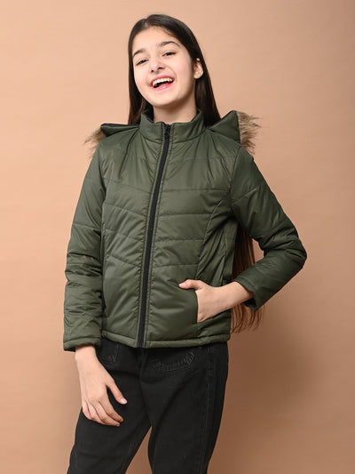 Solid Plain Puffer Front Zip Open Fur Hooded Jacket