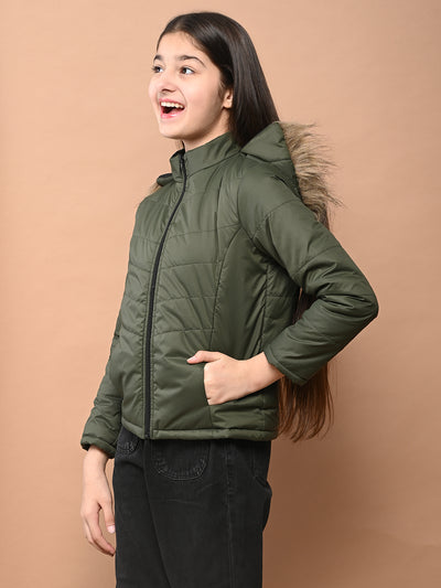 Solid Plain Puffer Front Zip Open Fur Hooded Jacket