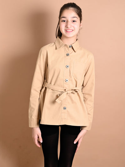 Solid Button Down Shirt Collar Belted Jacket