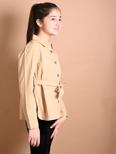 Solid Button Down Shirt Collar Belted Jacket