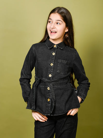 Solid Button Down Shirt Collar Belted Jacket