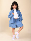 Solid Denim Shacket With Crop Top & Shorts Set