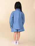 Solid Denim Shacket With Crop Top & Shorts Set
