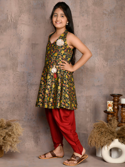kalamkari Floral Printed Peplum Suit with Dhoti Set