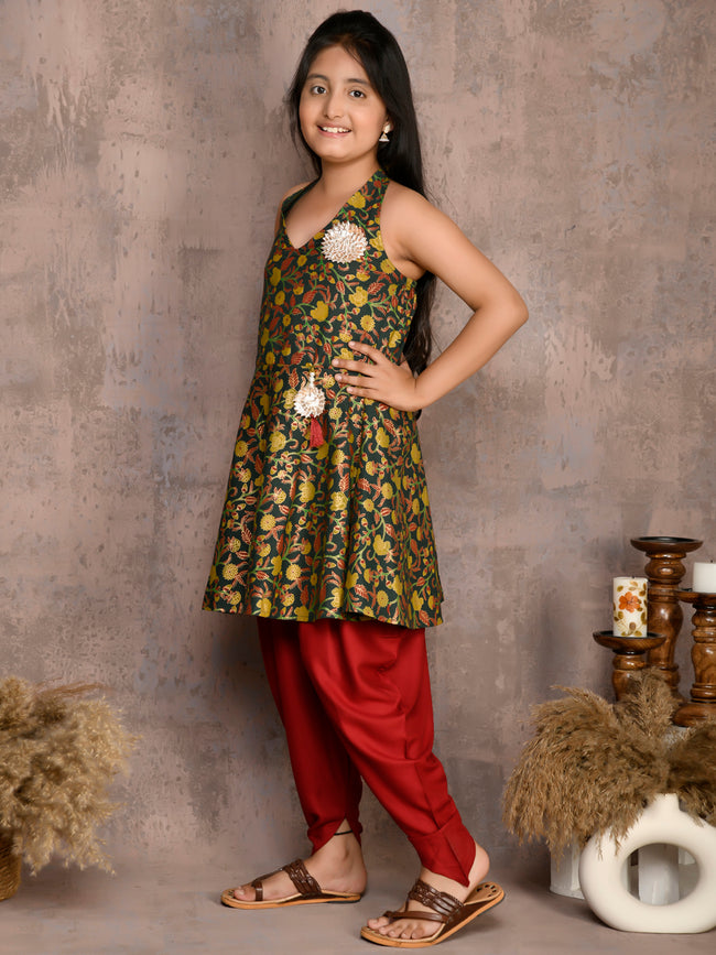 kalamkari Floral Printed Peplum Suit with Dhoti Set