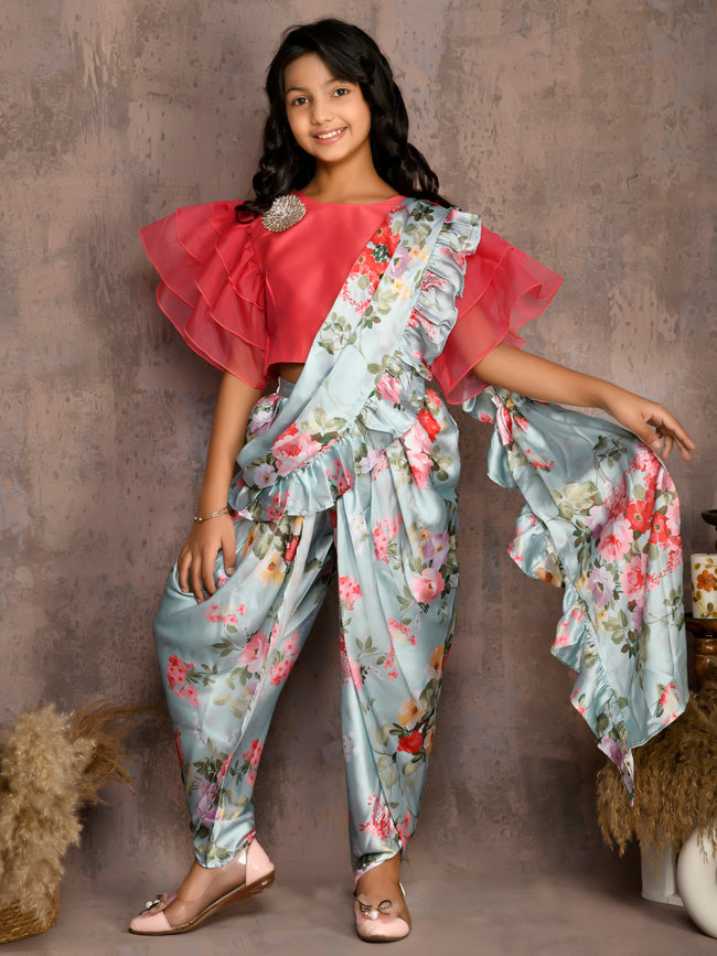 Stylish Top with Floral Printed Dhoti Set