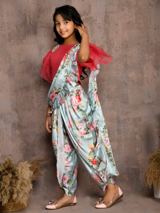 Stylish Top with Floral Printed Dhoti Set